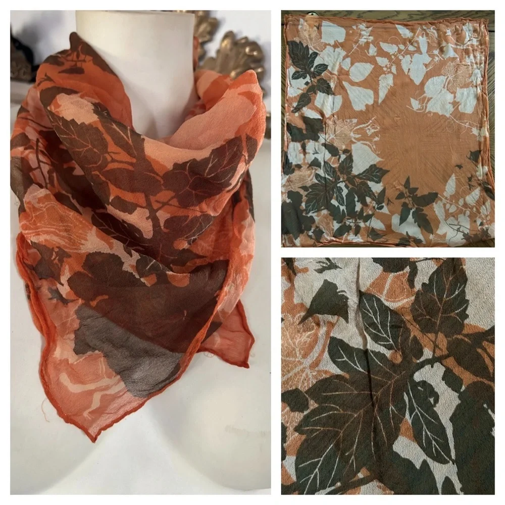 Vintage Sheer Fall Leaves Scarf Hand-Rolled/Hand-Sewn